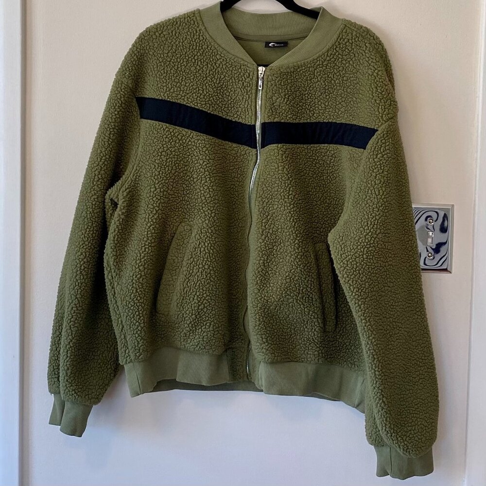 ZYIA ACTIVE Olive Green Flying V Fleece Bomber Jacket XXL Cozy Nubby Texture